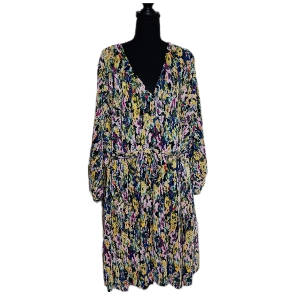 Vero Moda Curve Ribbed Floral Mini Dress Size 18 | Pleated Tie Waist - Picture 2 of 14